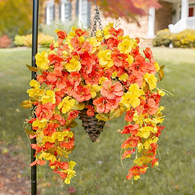 Artificial Fake Fall Hanging Flowers Baskets for Outdoor Decoration, Faux Silk Hibiscus Long Vines in Planter Realistic Flower Plants for Outside Home Porch Patio Garden (Fall YellowOrange)
