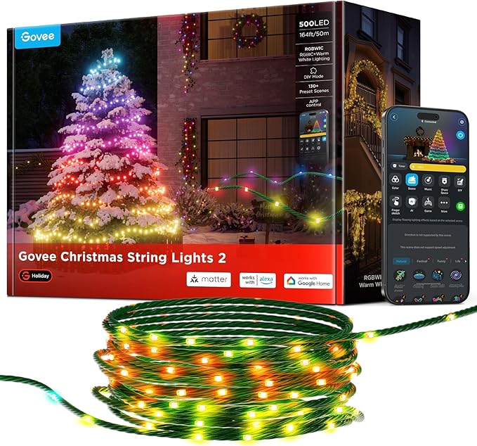 Govee Christmas Lights 2, RGBWIC 164FT 500LEDs String Lights for Holiday Decor, Smart Indoor Outdoor LED Decoration with Shape Mapping Function, 130+ Scene Modes, APP Control, Green Wire