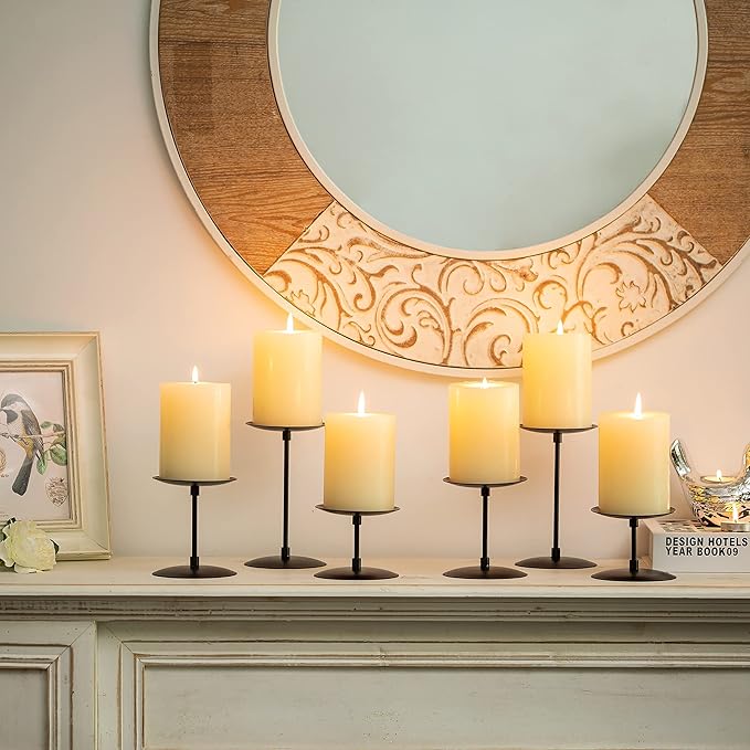 Pillar Candle Holders Candle Plates - Set of 6 Candelabra Candle Stand Iron Plate Minimalism Modern Home Mantel Dinning Table Halloween Decorations Centerpiece for Wedding, Party, Events, Black