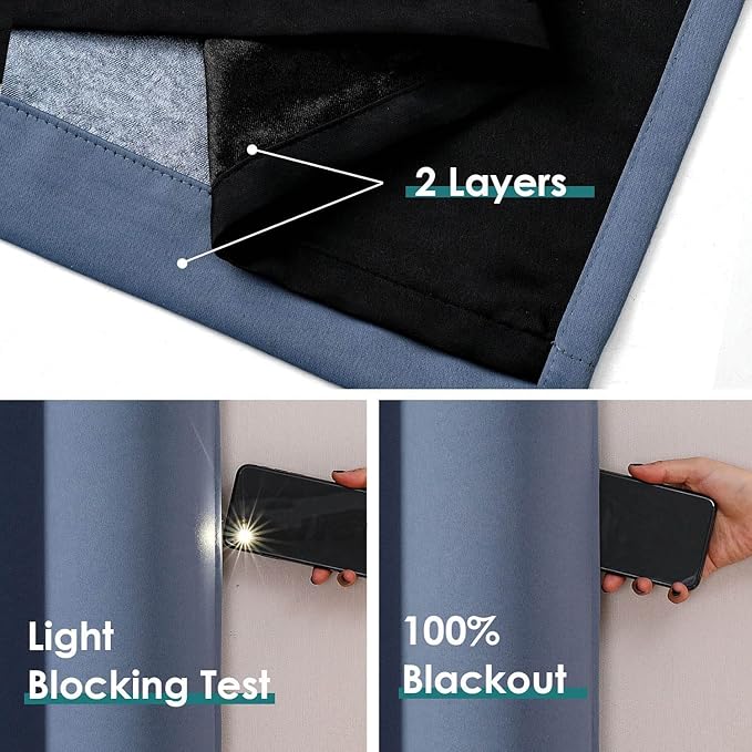 ChrisDowa 100% Blackout Curtains for Bedroom with Black Liner, 2 Thick Layers Total Blackout Thermal Insulated Grommet Window Curtains 2 Panels Set (Stone Blue, 52W x 45L)