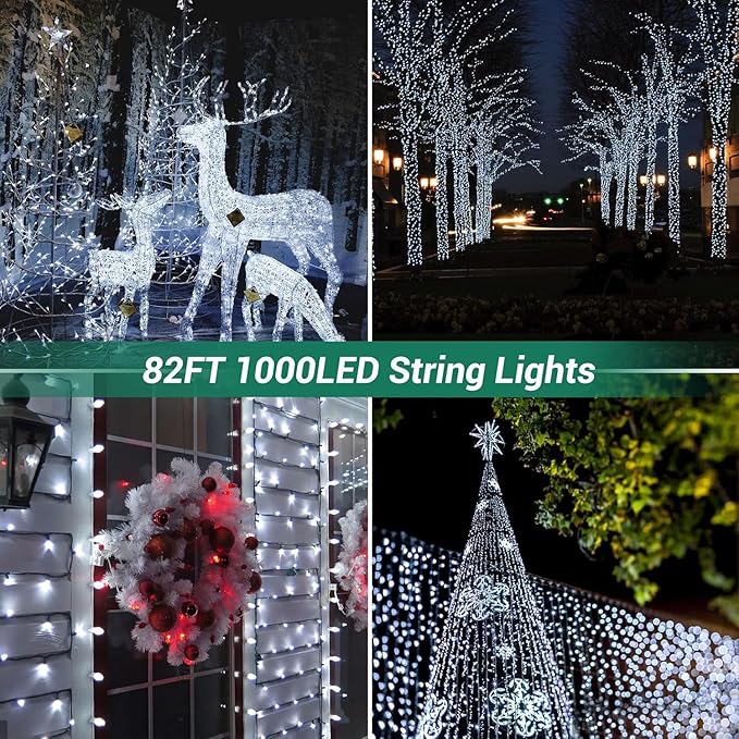 Quntis 82ft 1000 LED Cluster Christmas String Lights - 8 Modes Christmas Tree Lights - Outdoor Waterproof Dark Green Wire Christmas Lights Plug in for Holiday Wedding Party Home Decor, White