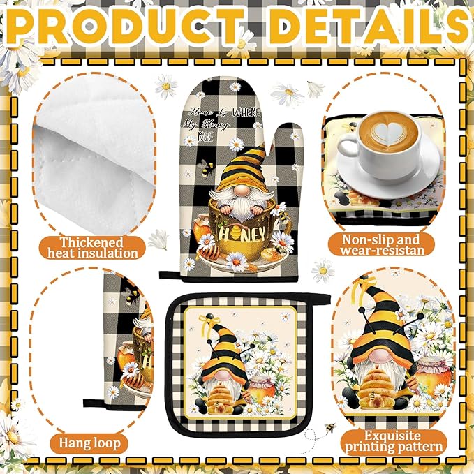 Fourluoo 10 Pcs Bee Kitchen Decor Set 4 Kitchen Towels 2 Pot Holders 2 Oven Mitts 2 Rugs Daisy Decorations for Cooking Baking Mom Housewarming Gifts