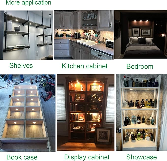 AIBOO Linkable Under Cabinet LED Lighting 12V Slim Aluminum Dimmable Puck Lights with RF Remote Control & UL Listed Plug for Display Bookshelf Lighting(8 Lights, Warm White)
