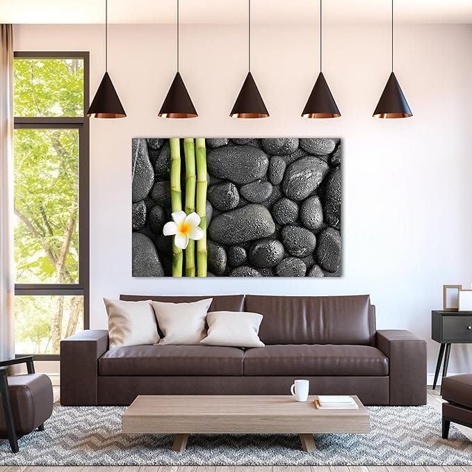 Zen Wall Art Decor, Modern Bathroom Zen Decor Wall Art, Canvas Wall Art for Spa Zen Room Decor, Green Bamboo Forest and Black Pebble Relaxing Art Prints for Office & Spa Wall Decor 24x36 Inches