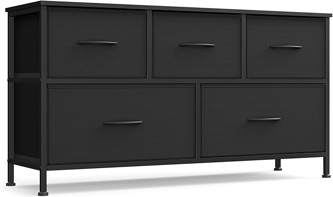 SONGMICS Dresser for Bedroom, Chest of Drawers, TV Stand, Steel, MDF, 5 Non-Woven Fabric Drawers, Storage Organizer Unit, Closet, Entryway, Ink Black and Ebony Black ULGS322B01S