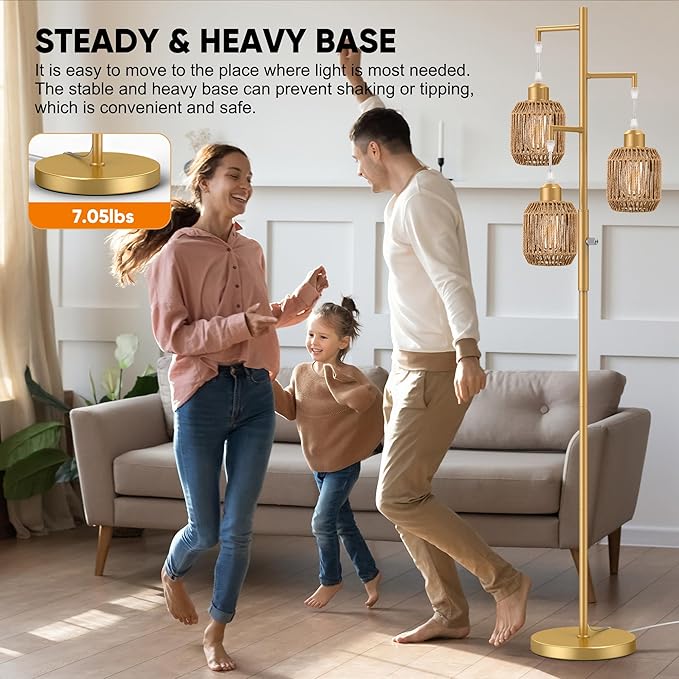 ROTTOGOON Dimmable Boho Floor Lamp - 3 Light Farmhouse Rattan Floor Lamp for Living Room, Industrial Tree Floor Lamps with 3 X 6W LED Bulbs, Rustic Standing Tall Lamp for Bedroom, 68", Gold