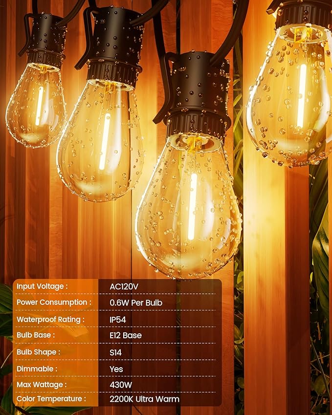 Torkase LED Outdoor String Lights 30FT Patio Lights with Shatterproof S14 Edison Bulbs, Dimmable Outside Hanging Light Connectable for Porch, Deck, Garden, Backyard, 2200K
