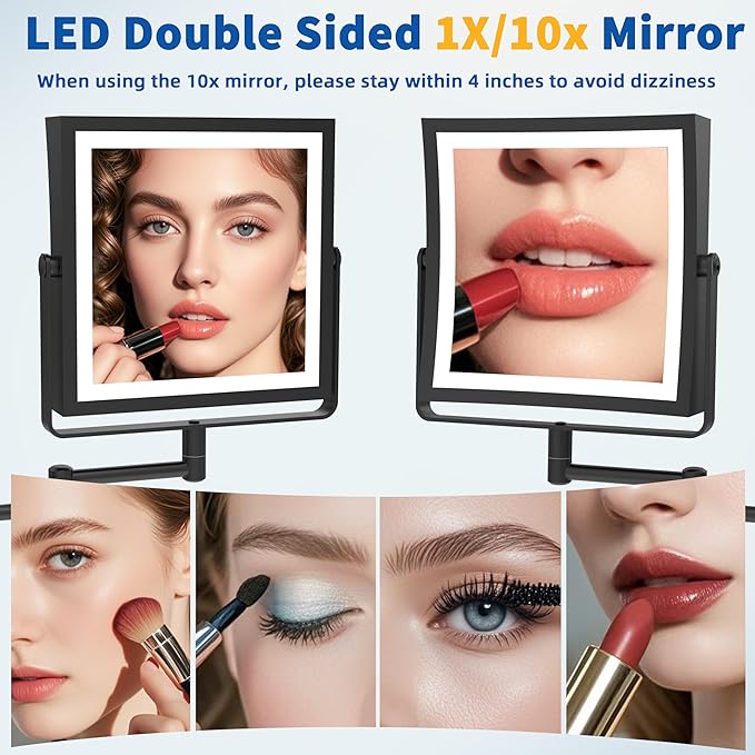 Ruacq Rechargeable Wall Mounted Makeup Mirror with Lights, Double Sided 1X/10X Magnifying Vanity Mirror with 3 Color Lighting, Touch Screen Dimmable, 360° Rotation Extension Foldable Arm(Matte Black)