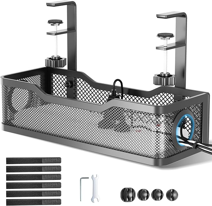 Cable Management Under Desk Tray, No Drill Cable Management Box With Clamp for Wire Organization, Cord Organizer for Office, Home - No Damage to Desk (Black)