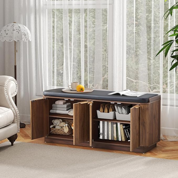43.3''W Fluted Entryway Shoe Storage Bench with 4 Doors and Adjustable Shelf, 2-Tier Entry Bench Seat with Shoe Storage and Cushion, Shoe Cabinet Bench for End of Bed, Foyer, Hallway -Walnut
