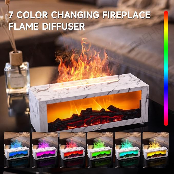 Fireplace Flame Air Diffuser Humidifier,7 Colors Aromatherapy Essential Oil Diffuser,Ultrasonic with Timer for Home,Bedroom,Office,Yoga (White Marble)