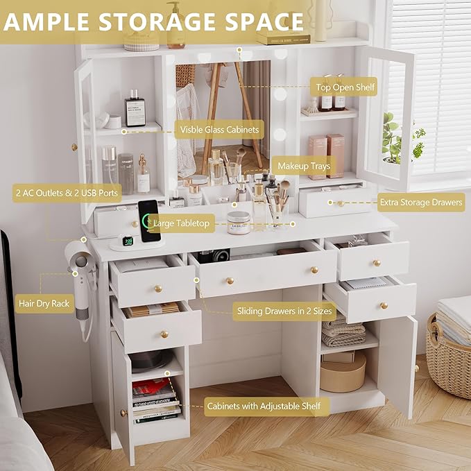 Makeup Vanity Desk with Mirror and Lights, White Vanity Table Set with Storage Drawers, Charging Station & Cabinets, Large Dressing Table with RGB Ambient Light for Women Girls Bedroom Bathroom