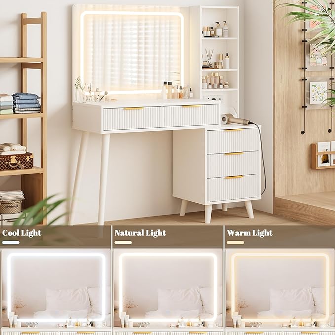 Makeup Vanity Desk with Mirror and Lights, Makeup Vanity with 5 Drawers&Storage Shelves, Vanity Table with Power Outlet, 3 Color Adjustable Lighting Dressing Table Set for Bedroom Ivory