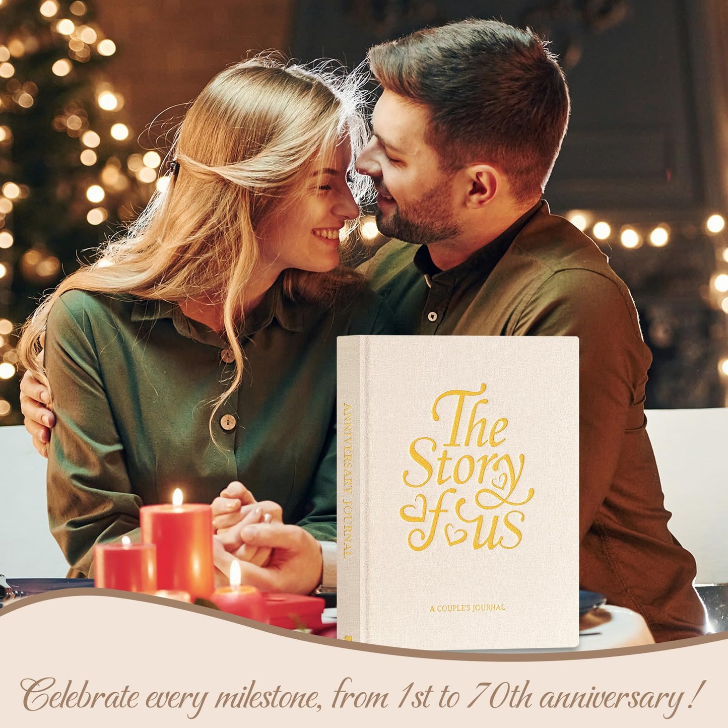 Lanpn Wedding Anniversary Journal - The Story of Us, Linen Dating 1st to 70th Couple Memory Book Wedding Scrapbook, 190 Pages Love Stories Notebook Marriage Newlywed Bridal Shower Gift, Beige