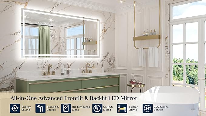 Keonjinn 66" x 36" LED Bathroom Mirror with Frontlit & Backlit, Smart Bathroom Mirror, Safe Tempered Glass, Anti-Fog, 3000K/4500K/6500K, Dimmable, UL-Listed, Bathroom Mirrors for Over Sink
