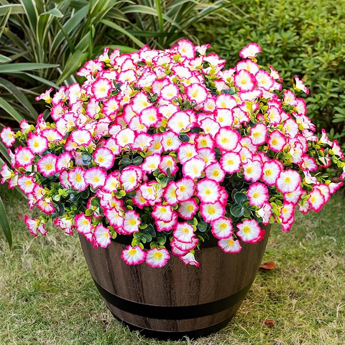 Artificial Faux Flowers for Outdoor 16 Bundles Boxwood Fake Morning Glory for Planter,UV Resistant Fake Flowers for Home Porch Patio Outside（Pink）