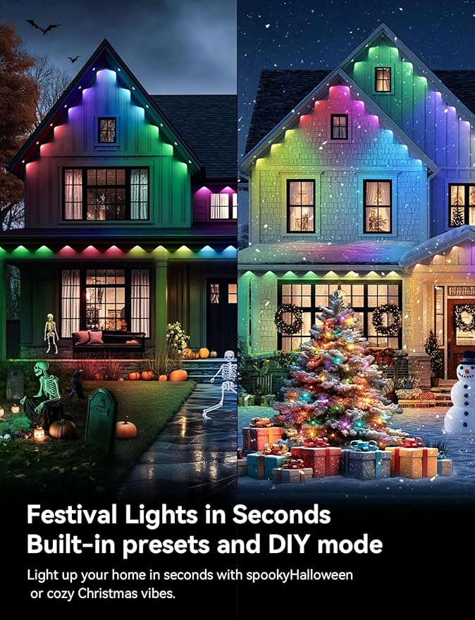 Permanent Outdoor Lights, 100ft RGB+IC Smart Outdoor Lights for House with 50 LED, IP67 Waterproof LED Light for Outdoor Decorations, Work with Remote, APP