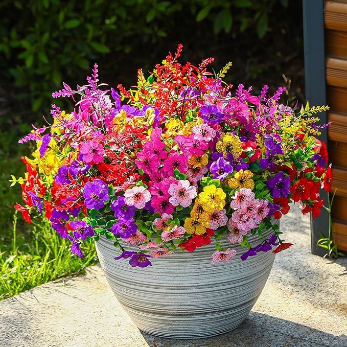SHareconn 24 Bundles Artificial Flowers for Outdoors Decoration, Faux Plants Fake Silk Colorful Daisy Eucalyptus Lavender, UV Resistant for Outside Home Porch Patio Indoor Spring Decor, Mix 5 Colors