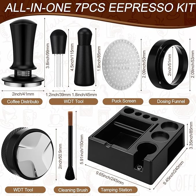 7pcs Espresso Accessories Kit 51/58/53mm Tamping Station Machine Accessories Spring Loaded Calibrated Tamper Wdt Espresso Tool and Dosing Funnel Set Distributor and Tamper Leveler(53mm)