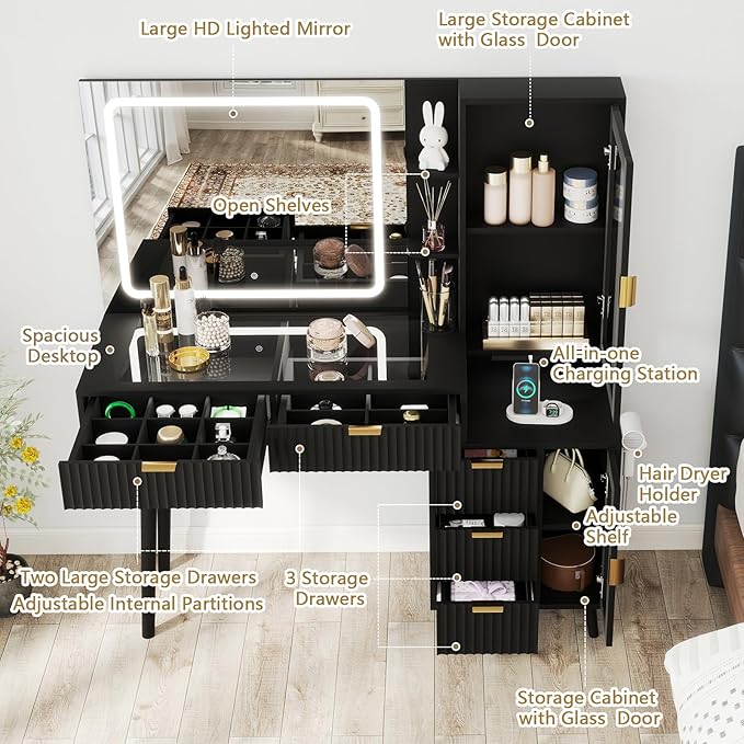 Black Vanity Desk with Mirror and Lights, 49" Fluted Wood Makeup Vanity Table with Modern Glass Top, Charging Station, 5 Drawers, 2 Cabinet with Adjustable Shelves, Salon Station