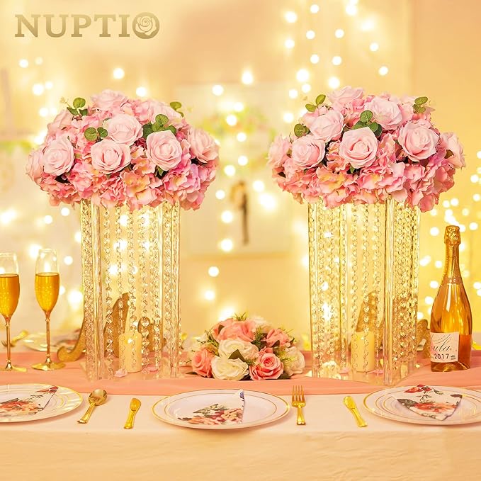 NUPTIO Flower Balls for Wedding Centerpieces - 2 Pcs 15.7 inch Diameter Fake Flower Ball Arrangement Bouquet Party Centerpieces for Tables - Pink Rose Bouquet Centerpiece Flowers for Wedding Table