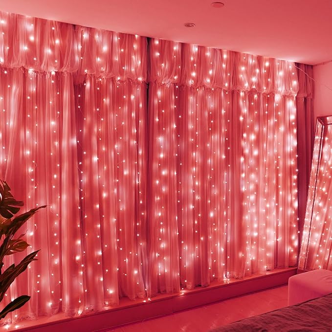 HXWEIYE 300LED Fairy Curtain Lights, 9.8x9.8Ft USB Plug-in 8 Modes Christmas String Hanging Lights with Remote for Bedroom Backdrop Wedding Party Indoor Wall Decor, Red, Standard