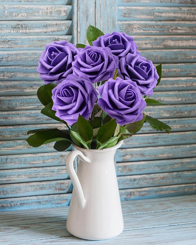 100PCS Dark purple Artificial Flowers Realistic Roses, Real Looking Fake Roses with Stem for DIY Wedding Bouquets Centerpieces Bridal Shower Party Home Romantic Decorations (Dark purple, 100pcs)