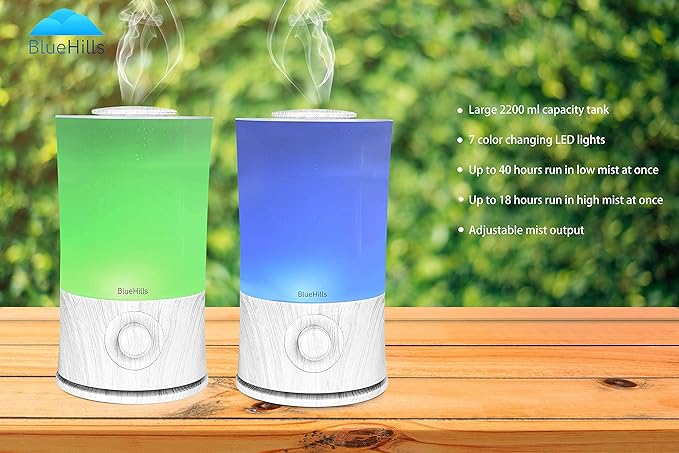 BlueHills Premium Set of Two Large 2000 ML XL Essential Oil Diffusers Humidifier Combo for Large Room Home with Décor LED Lights Great Gift – White and White Wood Grain.