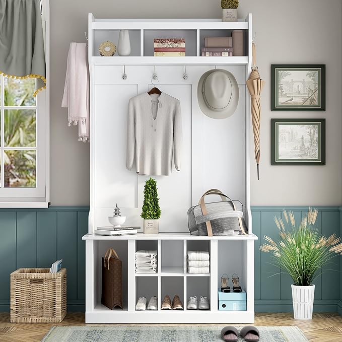 Retro 3-in-1 39.4INCH Hall Tree with 6 Hooks and Coat Hanger,Storage Bench and Open Shelves,for Livingroom Hallway Entryway Mudroom Use (White@Hooks/)