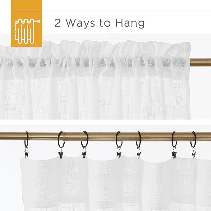RYB HOME Sheer Linen Textured Curtains Semi Sheers Drapes Light Airy Breathable Fabric Window Decor for Patio Door Living Room Dining, White, 70 inch Width x 95 inch Length, 2 Panels