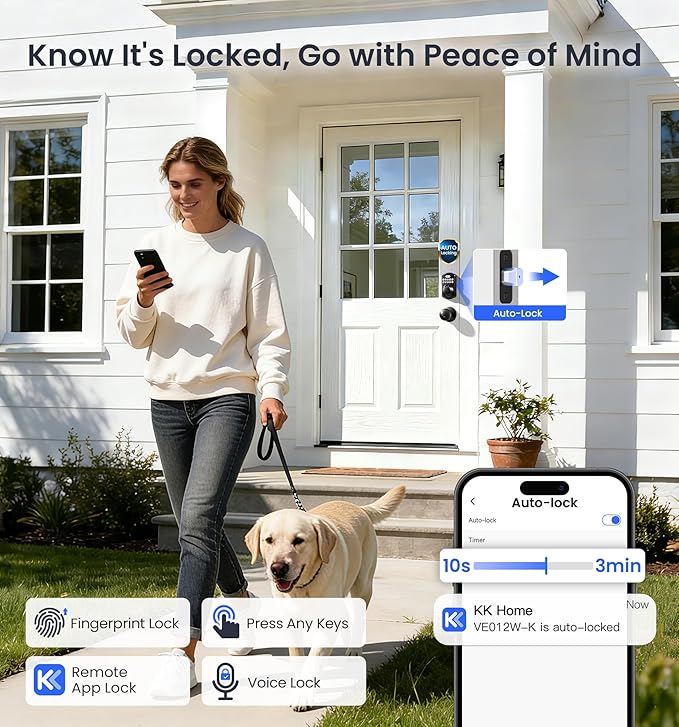 Veise VE012W-K Built-in WiFi Fingerprint Smart Lock with 2 Knobs, No Hub Needed, Remote APP Control, Keyless Entry Door Lock, Smart Deadbolt for Front Door, Auto Locking, Matte Black