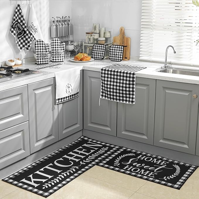Fourluoo 10 Pcs Kitchen Set Kitchen Towels and Rugs Oven Mitts and Pot Holders Farmhouse Decor for Women Mom Gift Cooking Baking Grilling(White Black)
