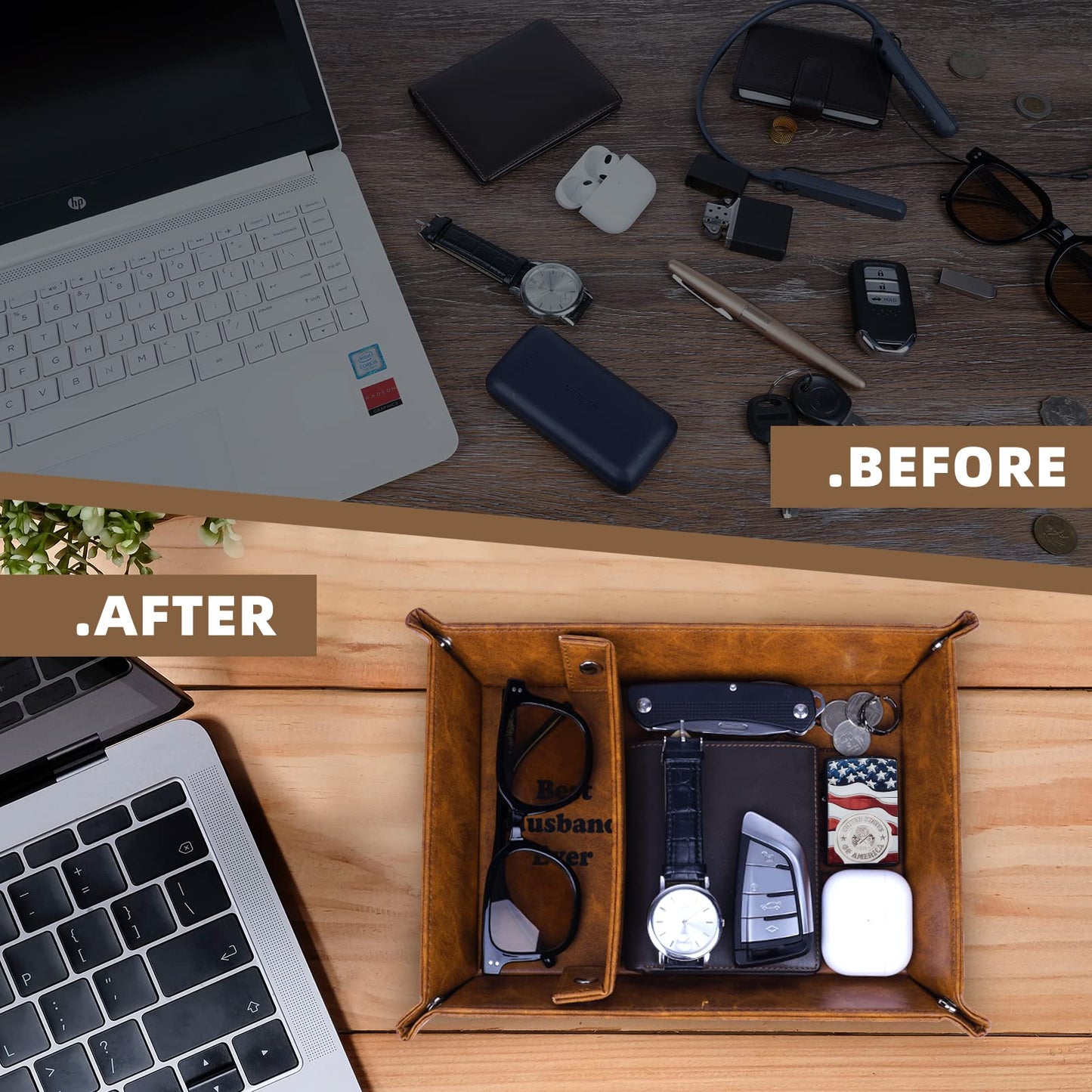 ZAPUVO Best Husband Ever PU Leather Tray and Keychain, Men Anniversary Birthday Gifts Ideas for Husband Him Boyfriend Who Has Everything from Wife, Christmas Xmas Gifts Stocking Stuffers for Men Him