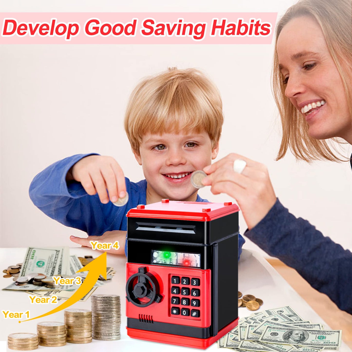 Refasy Children's Toy for 5-7 & 8-16 Year Olds - Piggy Banks & ATM for Boys & Girls - Perfect Birthday & Christmas Gifts - Red