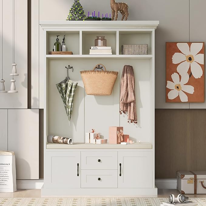 RUNNA Wooden 3-in-1 Hall Tree with 2 Cabinet and 2 Drawers,3 Open Shelves and 3 Hooks,Coat Hanger and Storage Bench,for Livingroom Hallway Entryway Use (Beige@Hanger)