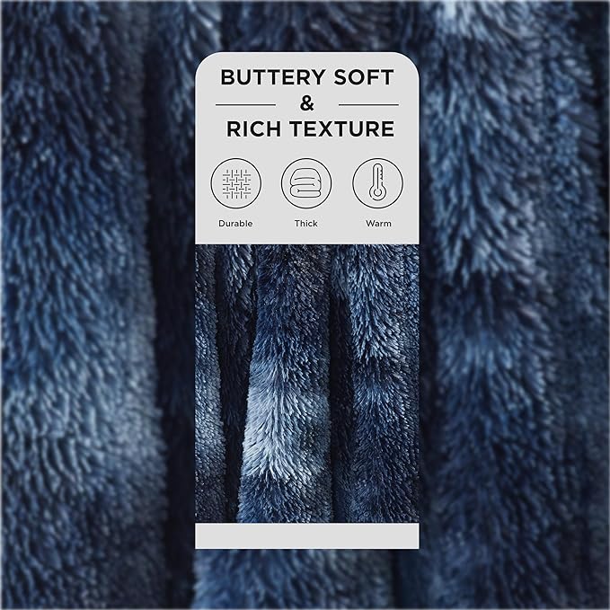 Bedsure GentleSoft Fluffy Tie Dye Navy Blue Blankets Queen Size for Bed, Thick Sherpa Faux Fur Fleece Fuzzy Plush Winter Warm Soft Queen Blankets, Bedroom Decor Blue Cozy Gifts for Women Men, 90x90