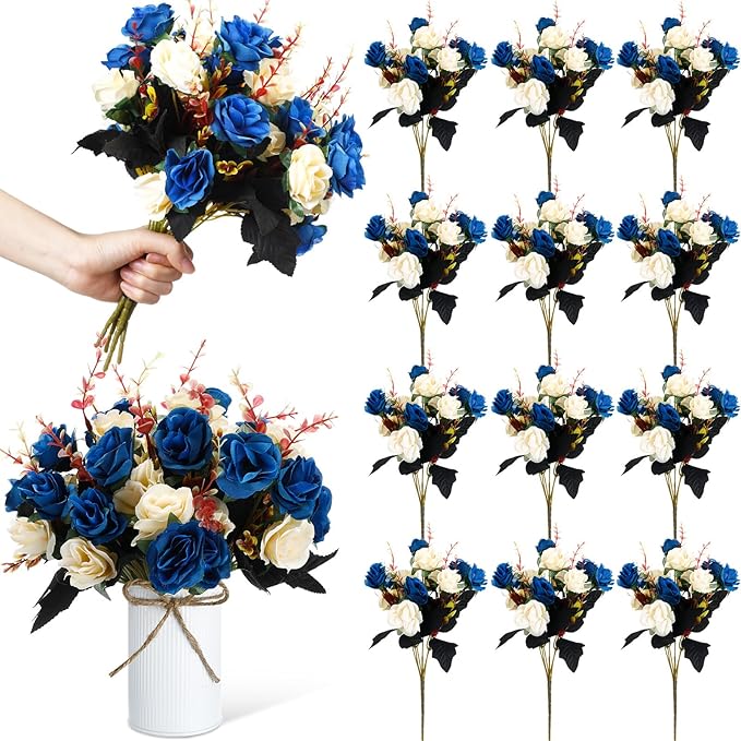 Hotop 12 Bunches of Artificial Flowers Centerpiece 13 Inches Silk Faux Roses Bouquets for Table Decoration Realistic Bouquet Arrangement Boho Faux Flowers for Wedding (Dark Blue)