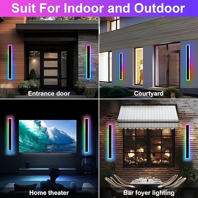 Modern RGB Long Outdoor Wall Lights for House,2 Pack RGB LED Wall Light Fixture,40 inch Led Liner Wall Sconce Lights,Dimmable Exterior lighting Fixtures for Porch,Garage,Patio with Romote Control