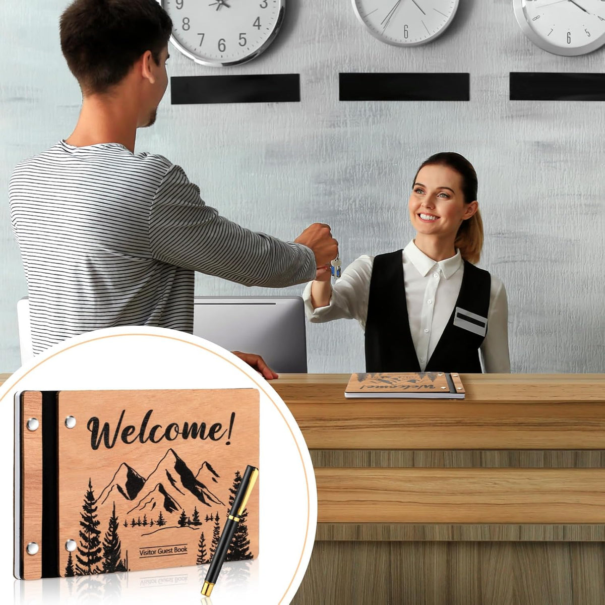 Visitor Wooden Guest Book with Pen 8 x 6 Inches 120 Pages Memory Scrapbook Rustic Signature Party Sign in Xmas Gift for Couple Guests Book