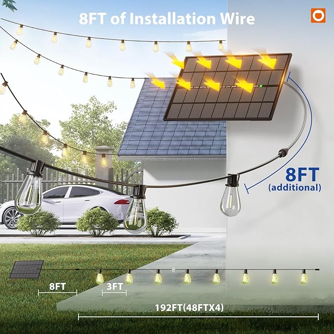 addlon 200FT(192+8) Solar String Lights Outdoor Waterproof 6W Panel with USB Port & Remote Control Solar Powered Patio Lights for Outside with 68 LED Dimmable Bulbs for Porch Garden Deck Halloween