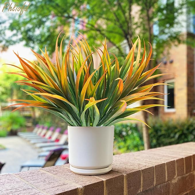 32 Pcs Artificial Grass Fake Plants 17.3in Outdoor Plastic Plants UV Resistant Greenery Fake Grass for Home Window Garden Office Patio Hanging Planter Pathway Front Porch Décor Orange Yellow