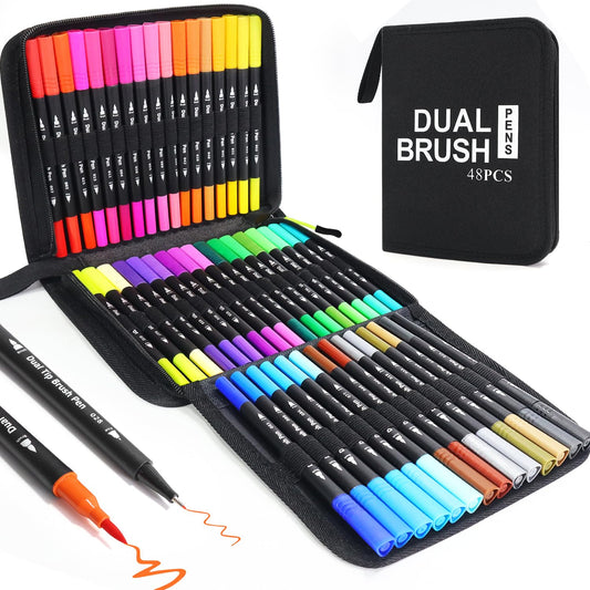 Piochoo Markers,48 Colors Dual Brush Markers Pens, Double Tip Colored Pen for Adult Coloring Books Art Suppliers for Bullet Journaling, Drawing