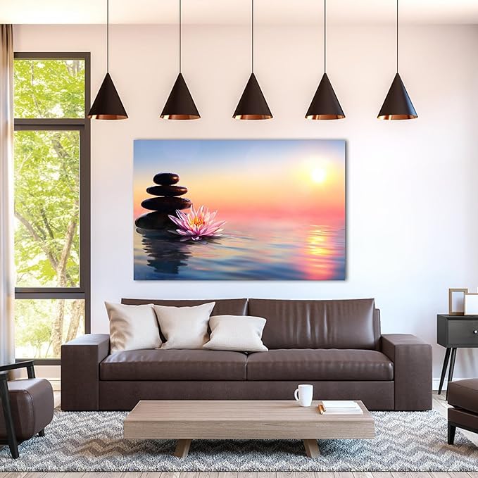 GUTTATY Zen Wall Art Decor, Modern Bathroom Zen Decor Wall Art, Canvas Wall Art for SPA Zen Room Decor, Pink Lotus Flower and Pebble Relaxing Zen Art Prints for Office & SPA Wall Decor 24x36 Inches