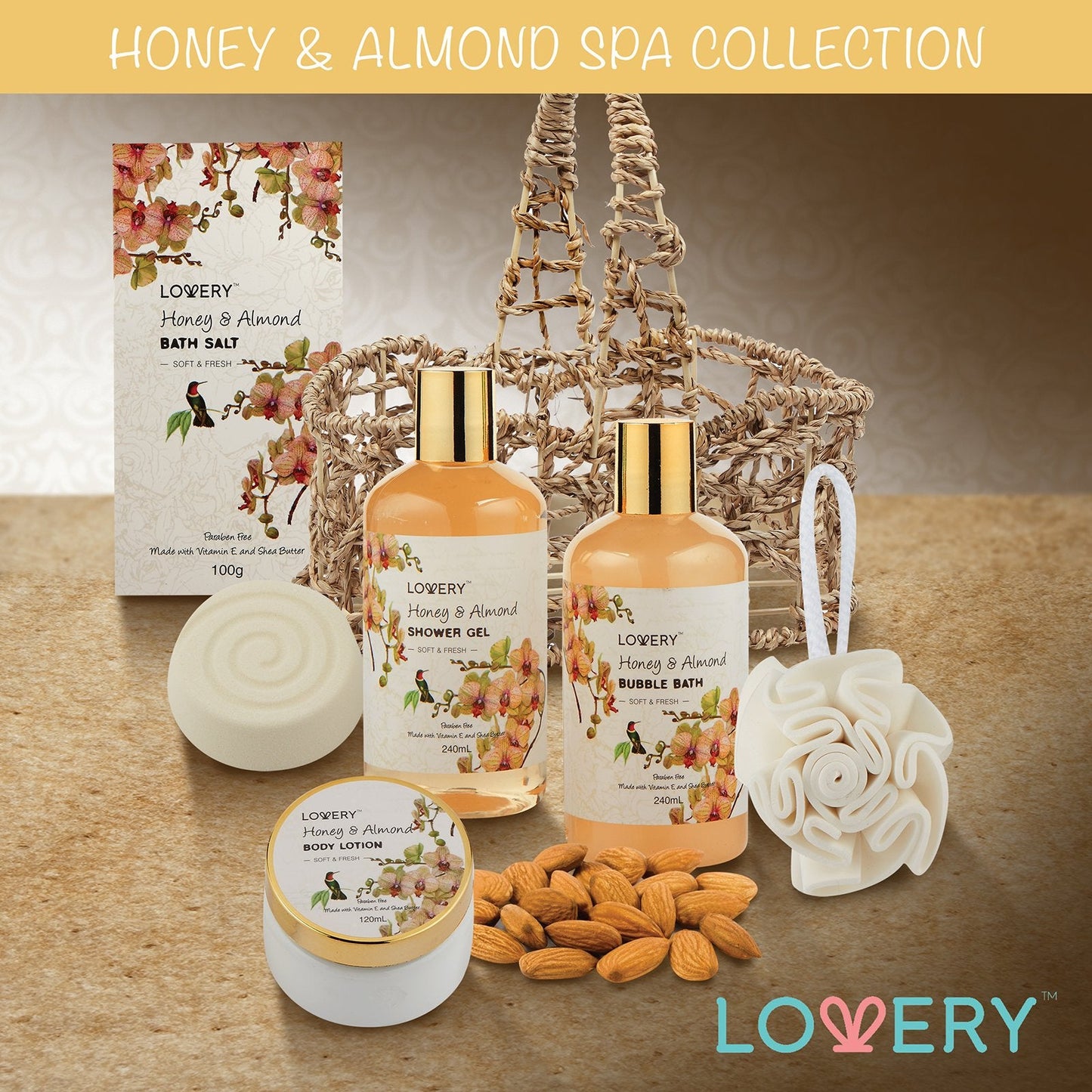 Womens Gifts, Gift Baskets for Women Who Have Everything, Home Spa Honey & Almond Scent, Luxury Bath & Body Set - Shower Gel, Bubble Bath, Body Lotion, Salts, Bath Bomb, Bath Puff & Handmade Basket