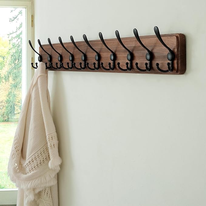 Dseap Coat Rack Wall - Heavy-Duty 38-1/4" Long, with Reinforced 10 Custom Tri-Hooks, Solid Wood Wall Hanger for Coats Hat Jackets - Rustic Farmhouse Entryway Hallway Storage, Natural & Black