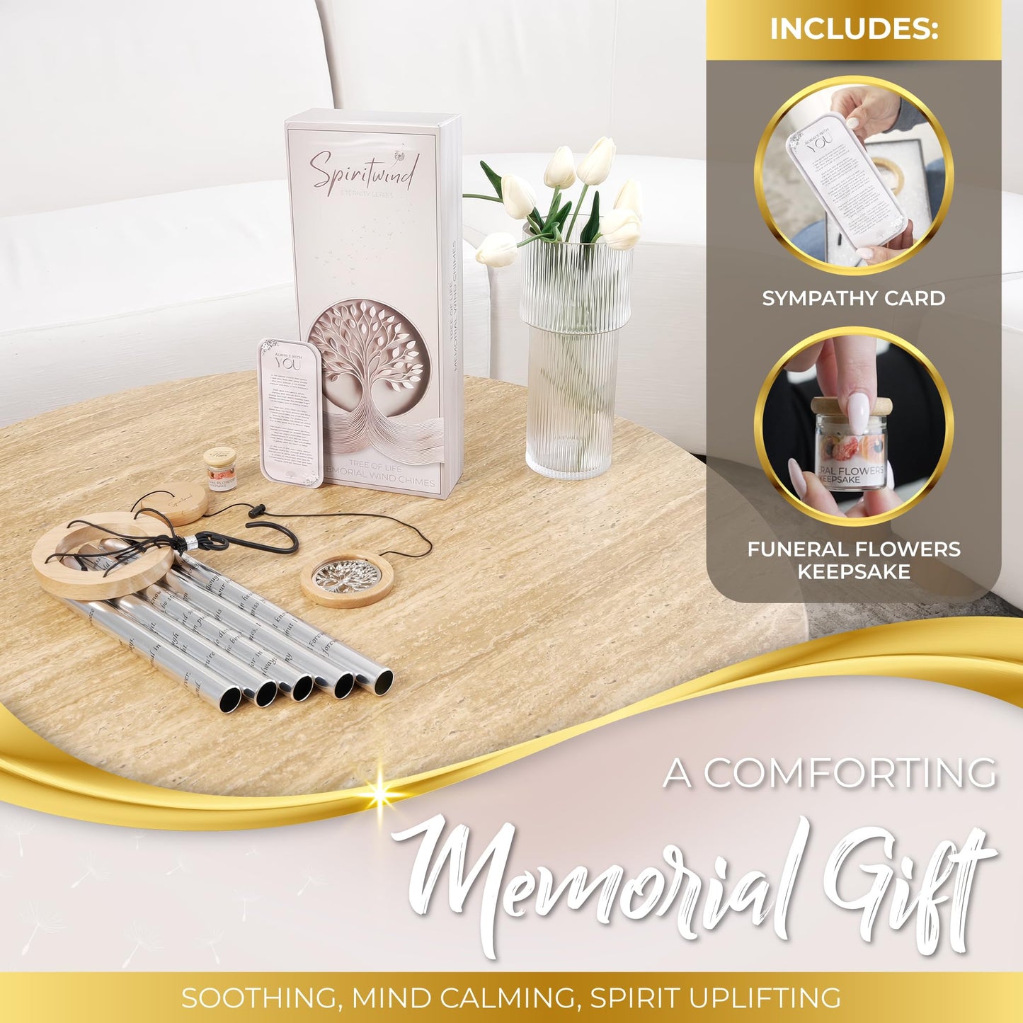 Tree of Life Memorial Wind Chimes for Loss of Loved One - Beautifully Packaged Memory Tree Windchimes in Memory of a Loved One - Sympathy Wind Chimes with Sympathy Card & Floral Keepsake (32" Size)