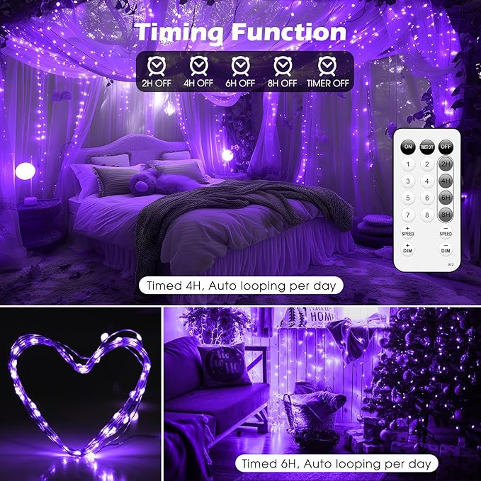 Fairy Lights 66ft 200 LED USB Twinkle String Lights Plug in Silver Wire Lights with Remote and Timer 8 Modes Outdoor Waterproof Starry Lights DIY Party Wedding Christmas Decoration（Purple）