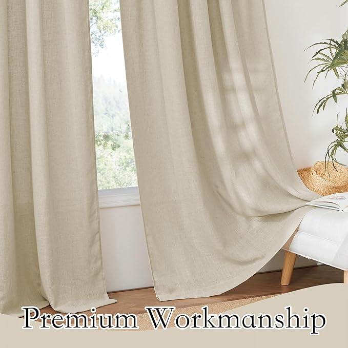 RYB HOME Semi Sheer Curtains - Linen Textured Sheer Privacy Curtains Light Filtering Semitransparent Rod Pocket Drapes for Bedroom Living Room Dining Window Decor, Beige, 52 x 72 inches, 2 Pcs