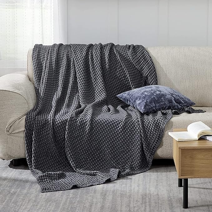 Bedsure Cooling Cotton Waffle Queen Size Blanket - Lightweight Breathable Summer Blanket of Rayon Derived from Bamboo for Hot Sleepers, Luxury Throws for Bed, Couch and Sofa, Dark Grey, 90x90 Inches