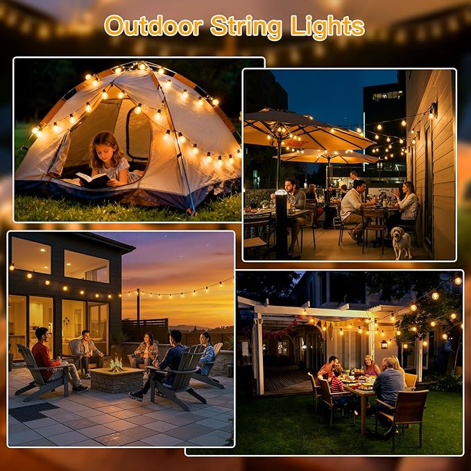 Ollny 50FT Outdoor String Lights, Waterproof Connectable Shatterproof Patio Lights with 25+2 G40 Edison Bulbs Plug in，Outdoor Hanging Light for Backyard, Porch, Deck, Garden, 2700K